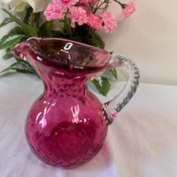 Vintage Cranberry Glass Pitcher with Twisted Clear Handle –‎ Swirled Diamond Pat - Picture 2 of 5